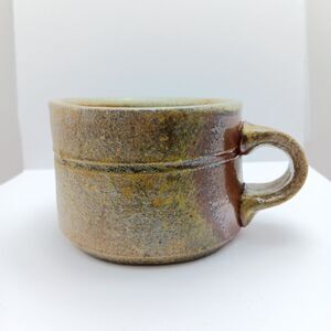Stoneware Mug Marked OGUS Industries Ribbon Handle Heavy Wide Brown Grey